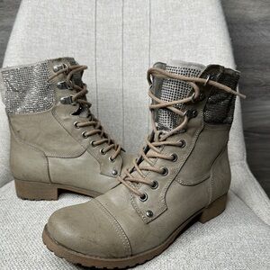 G by Guess Women's Lace-Up Combat Boots in Taupe and Silver